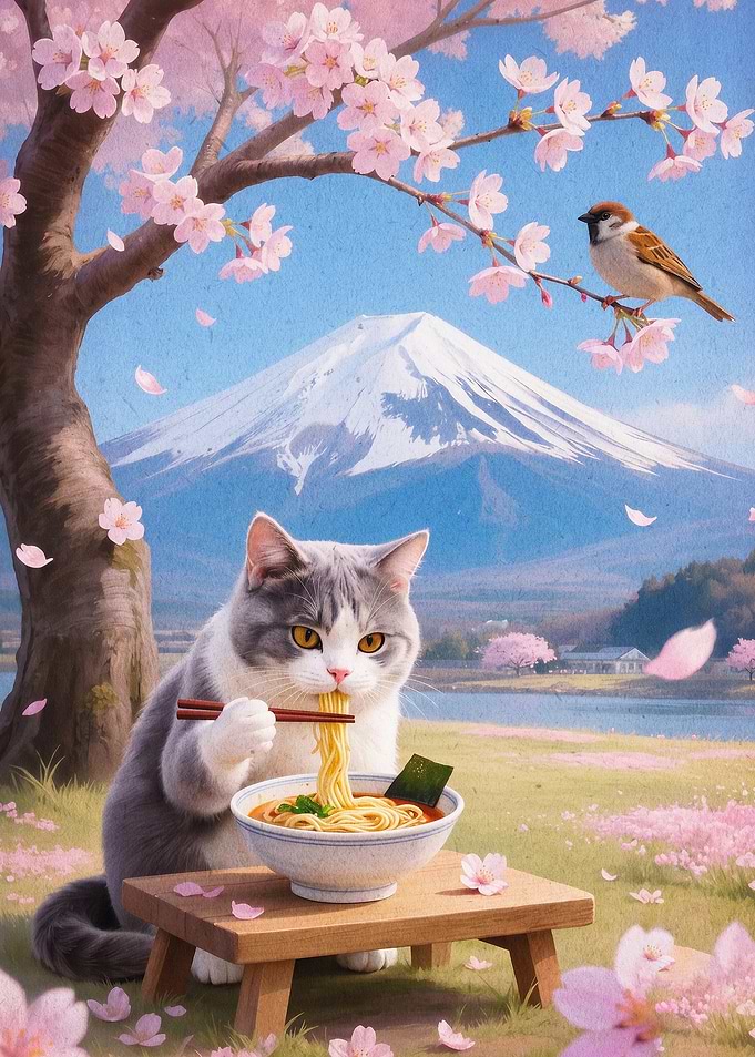 Cat Eating Ramen Japan Cherry Art