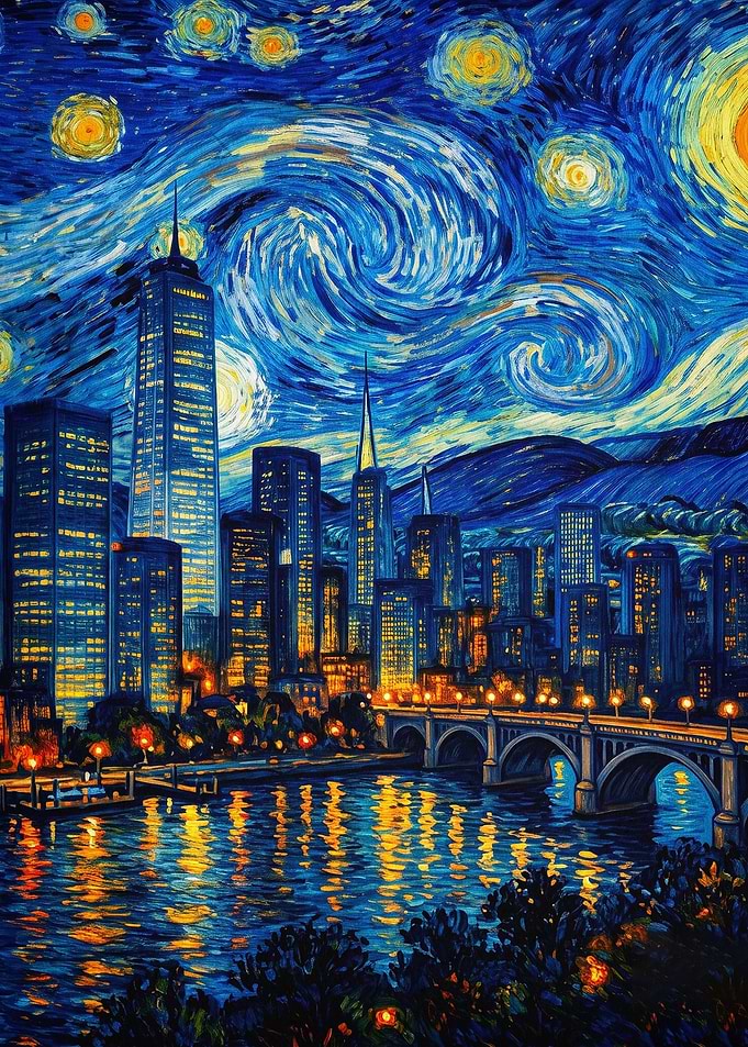 City Skyline Starry Night Art