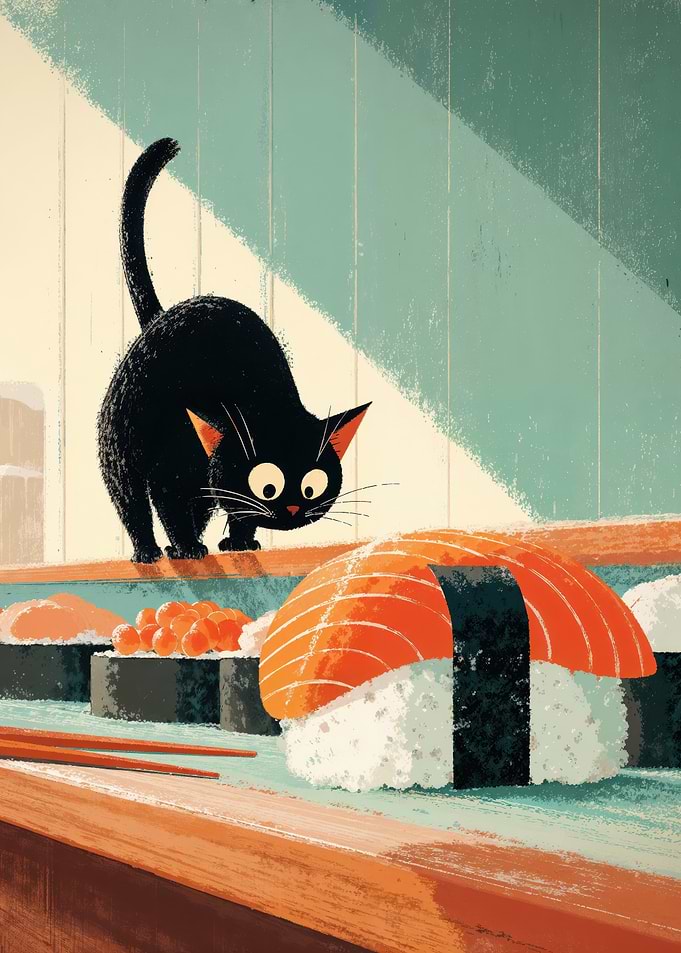 Black Cat Looking At Giant Salmon Sushi