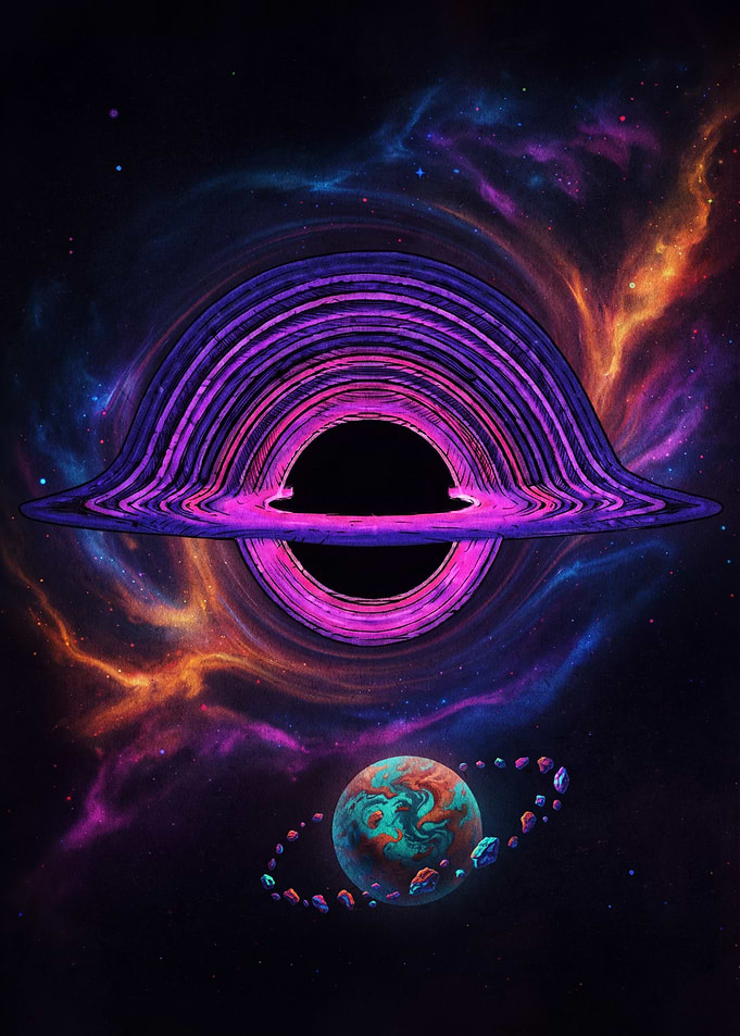 Vibrant Neon Black Hole and Planet