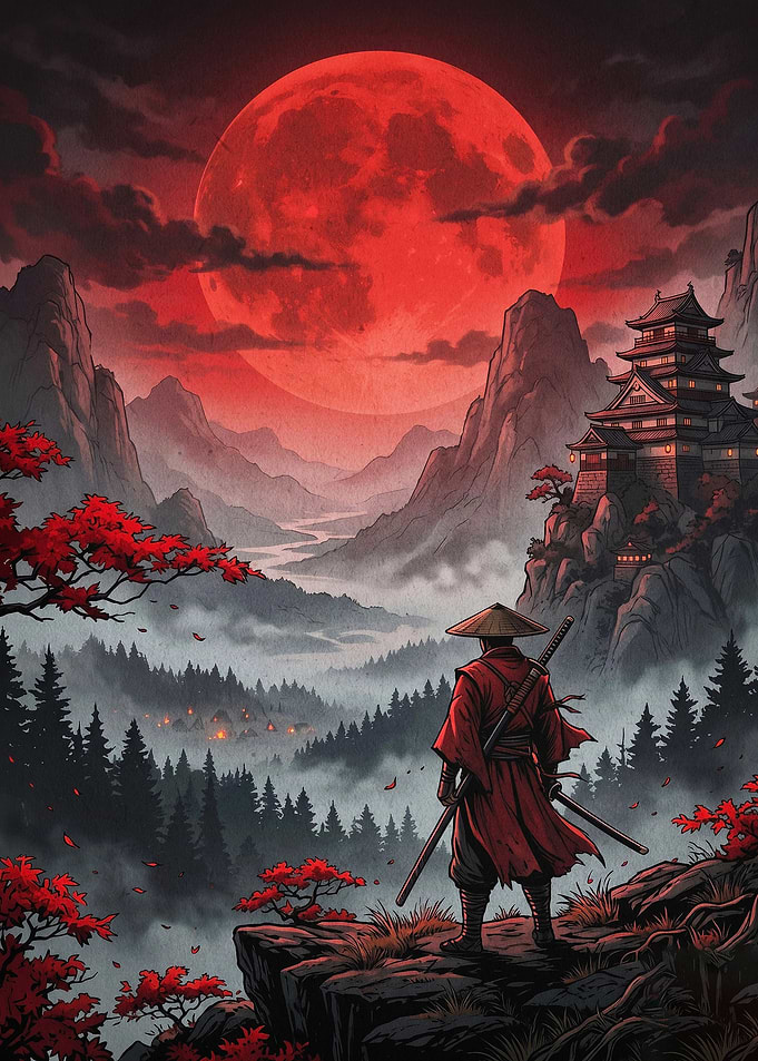 Samurai Red Moon Landscape Poster