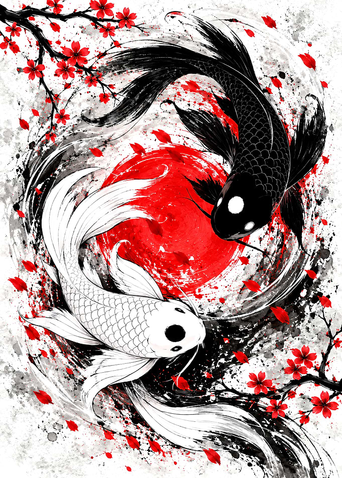 Yin Yang Koi Fish and Cherry Blossoms