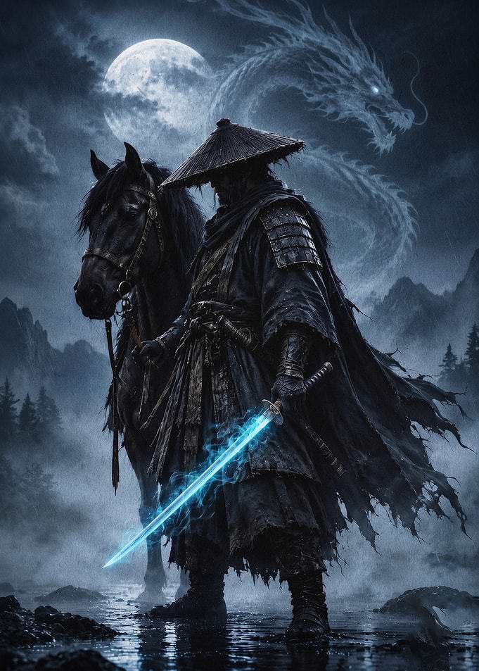 Samurai Horse Dragon Dark Fantasy A