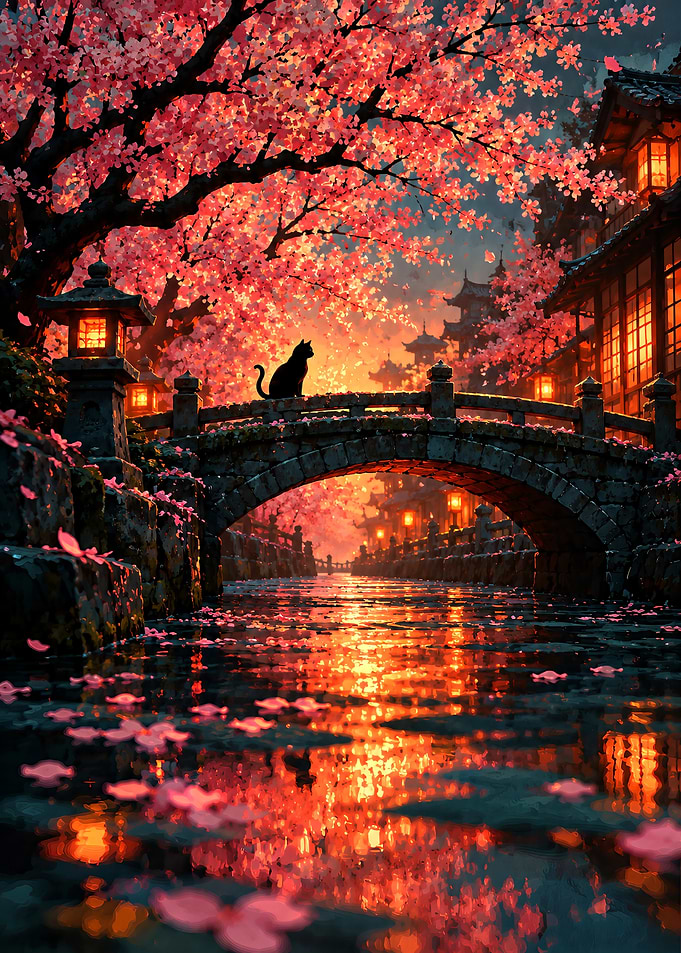 Black Cat on Bridge at Sunset