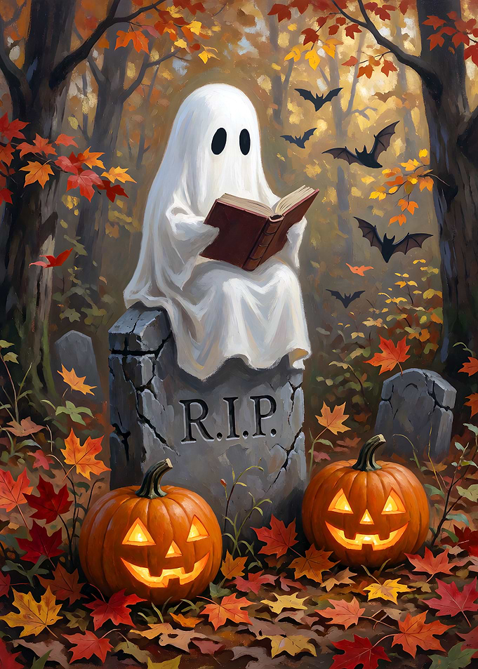 Cute Ghost Reading Book in Autumn Forest