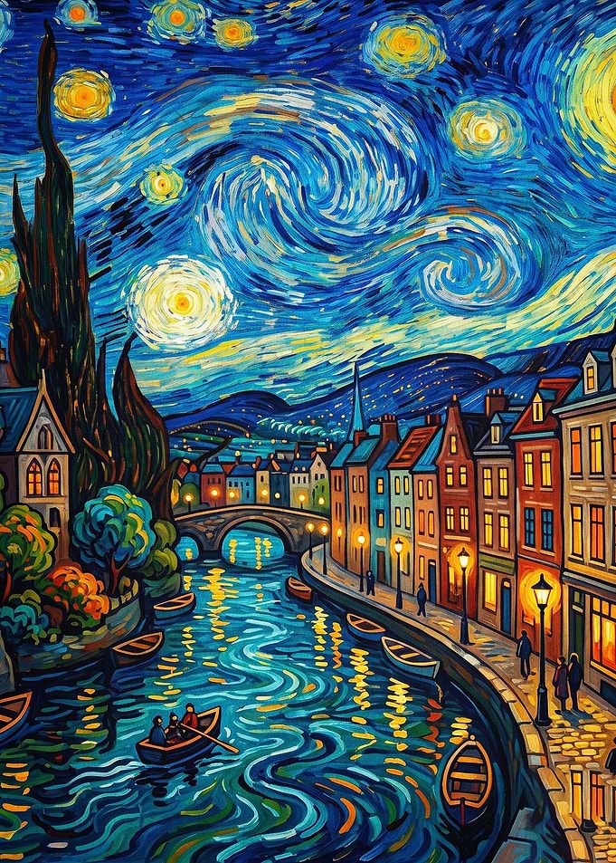 Starry Night Canal Town Art Poster