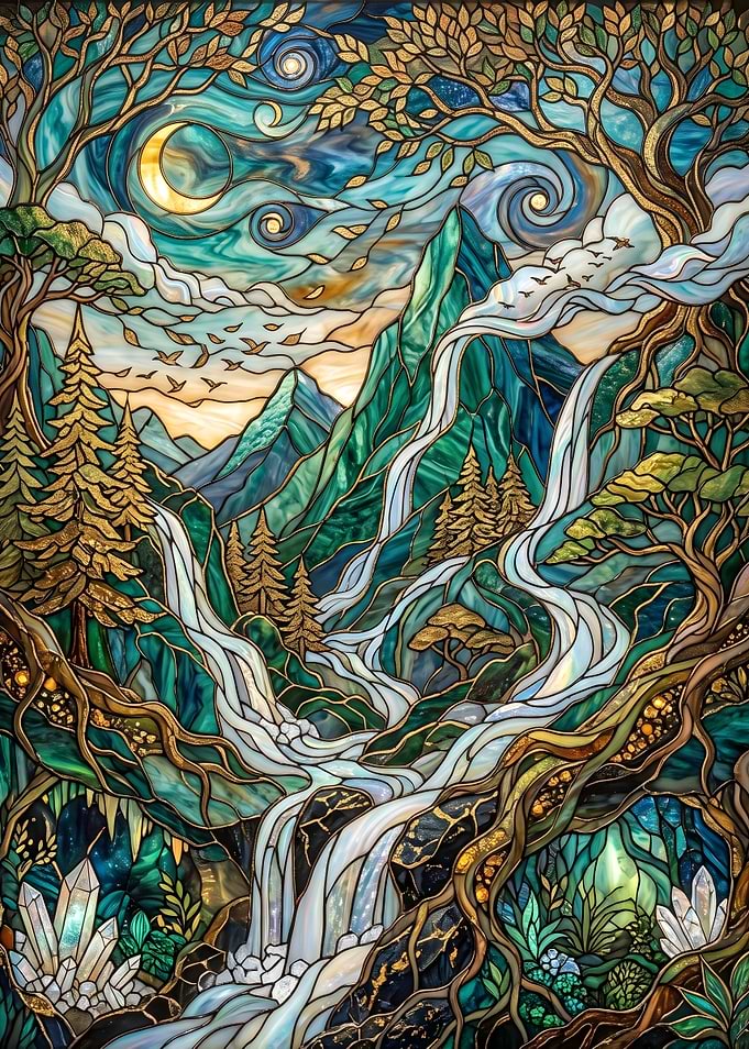 Stained Glass Mountain Waterfall Landscape