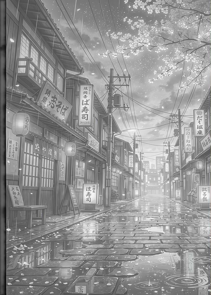 Rainy Japanese Street with Cherry Blossoms