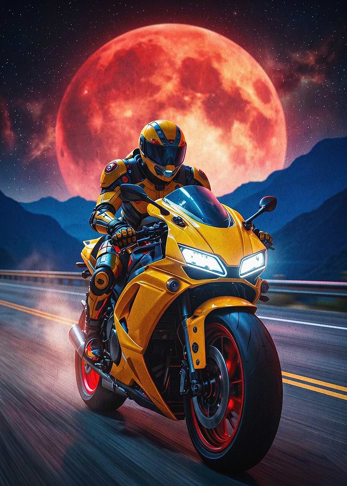 Biker Red Moon SciFi Art Poster