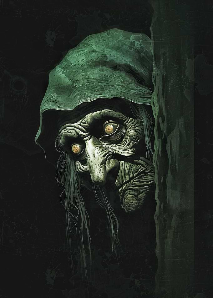 Eerie Witch Peering from Shadows