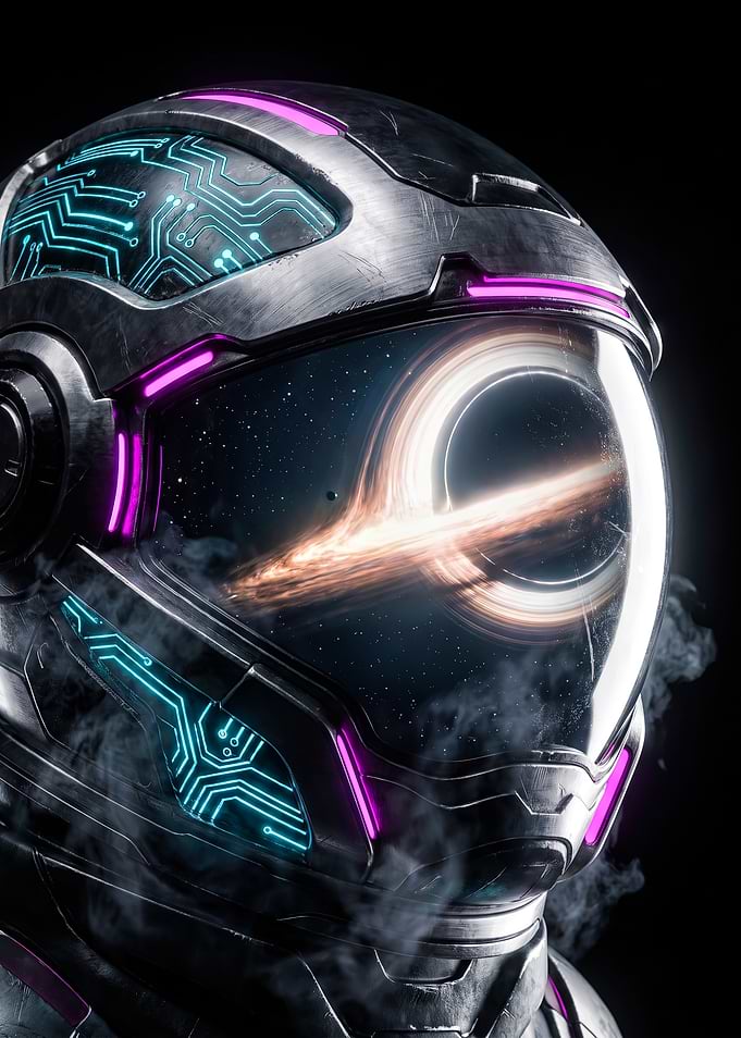 Cybernetic Astronaut Reflecting a Black Hole