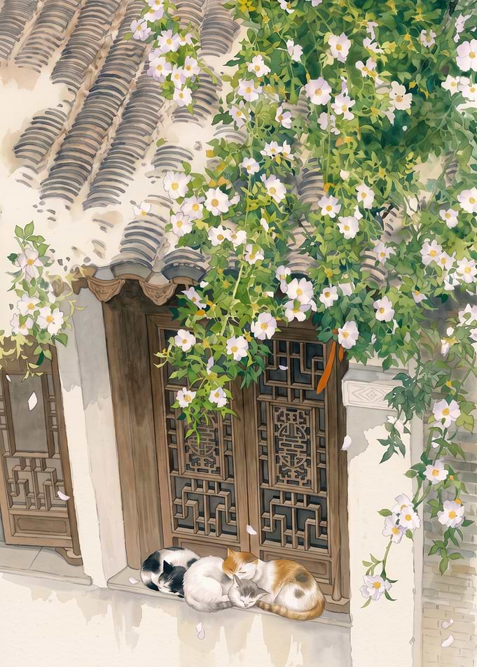Sleeping Cats on Zen Windowsill - Japanese & Chinese Garden Watercolor