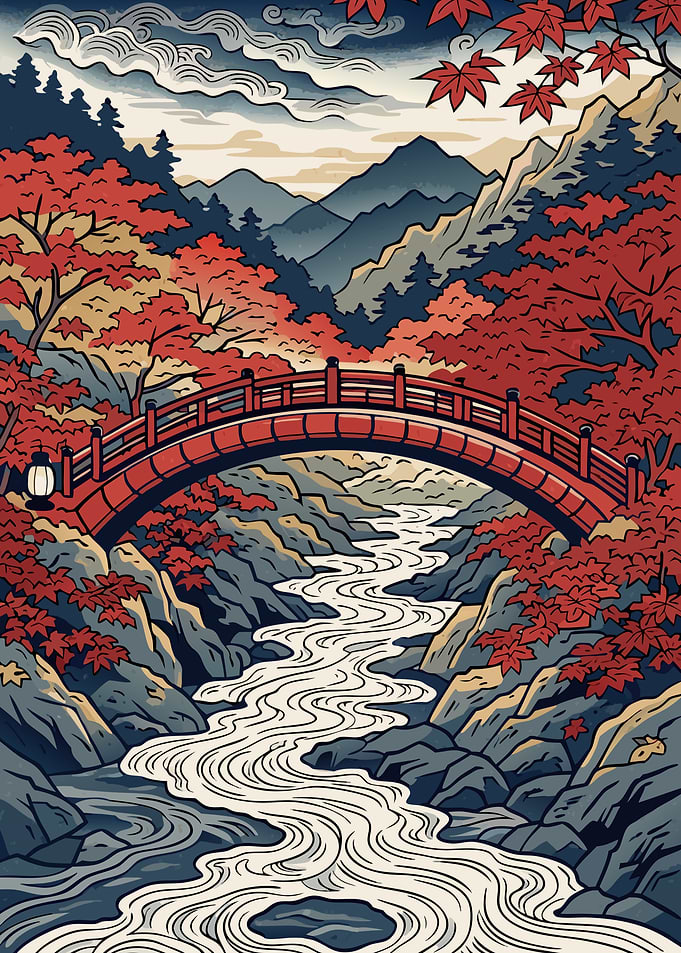 Moonlit Autumn Bridge – Crimson Maple Gorge