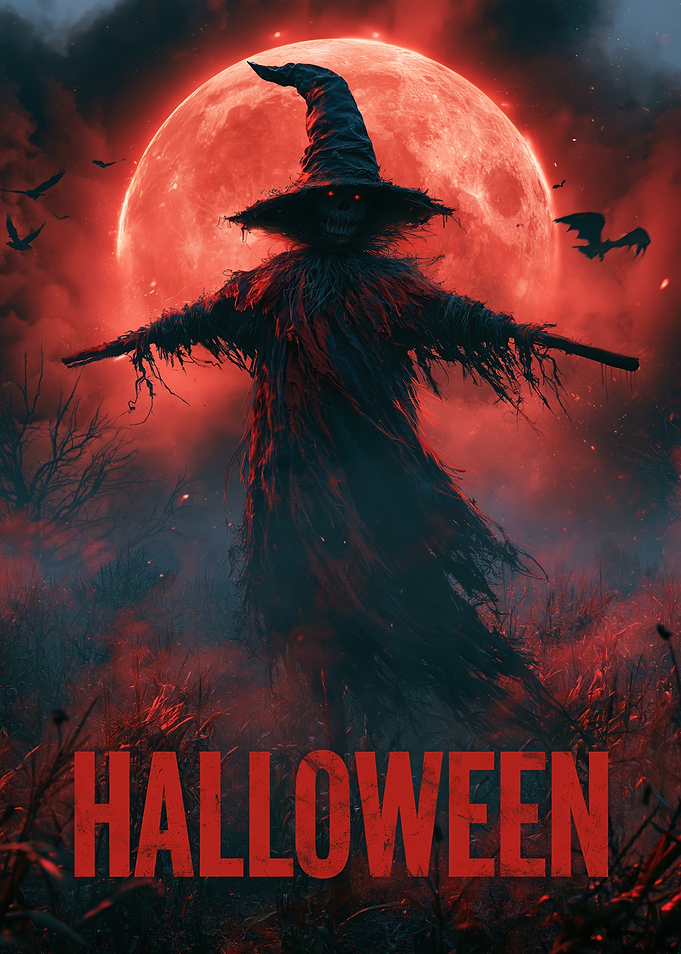 Scary Halloween Scarecrow Under Red Moon
