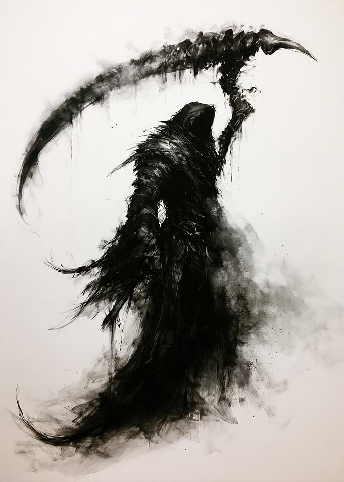 Grim Reaper with Scythe Ink Drawing
