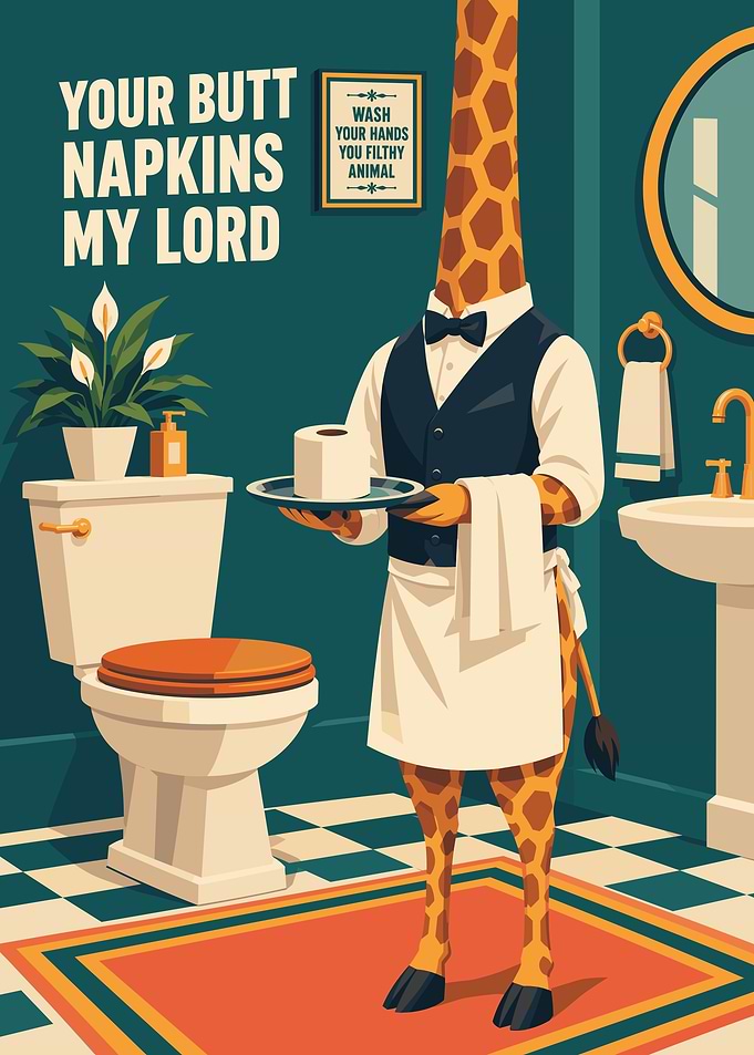 Funny Giraffe Butler Bathroom Poster