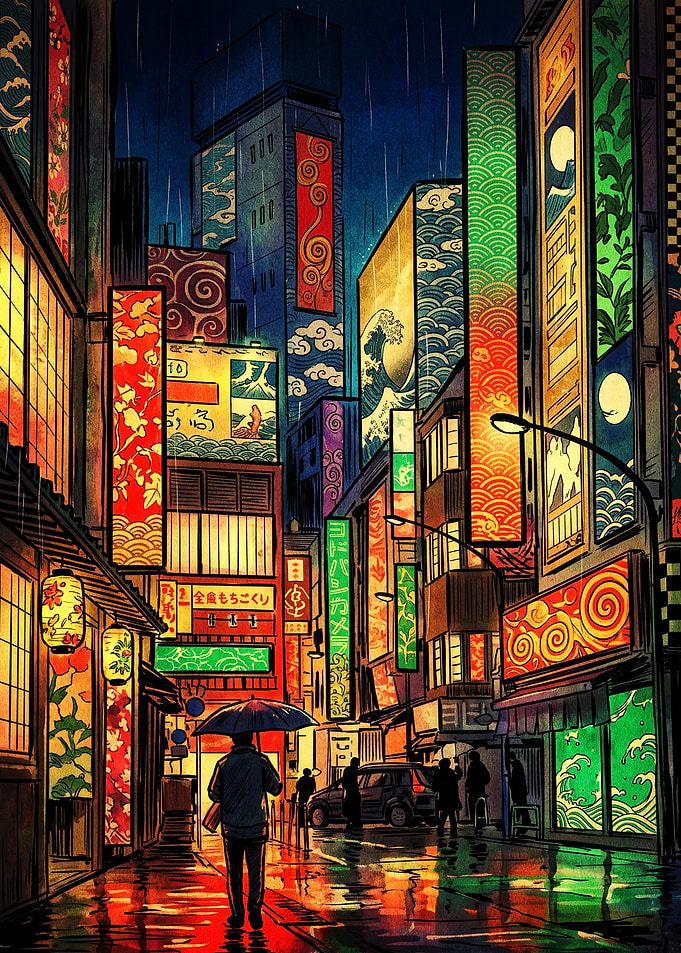 Rainy Night in Vibrant Tokyo Street