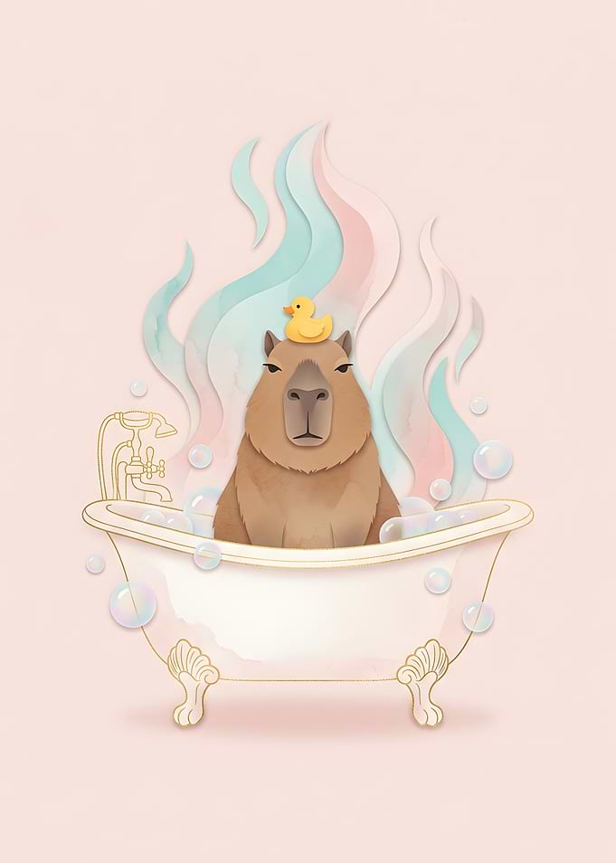 Capybara Poster — Funny Bathroom Wall Art, Capybara, Pink Bath Decor