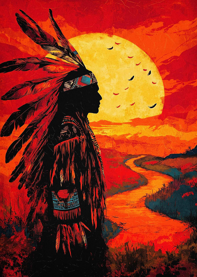 Native Chief Sunset Red Art Poster