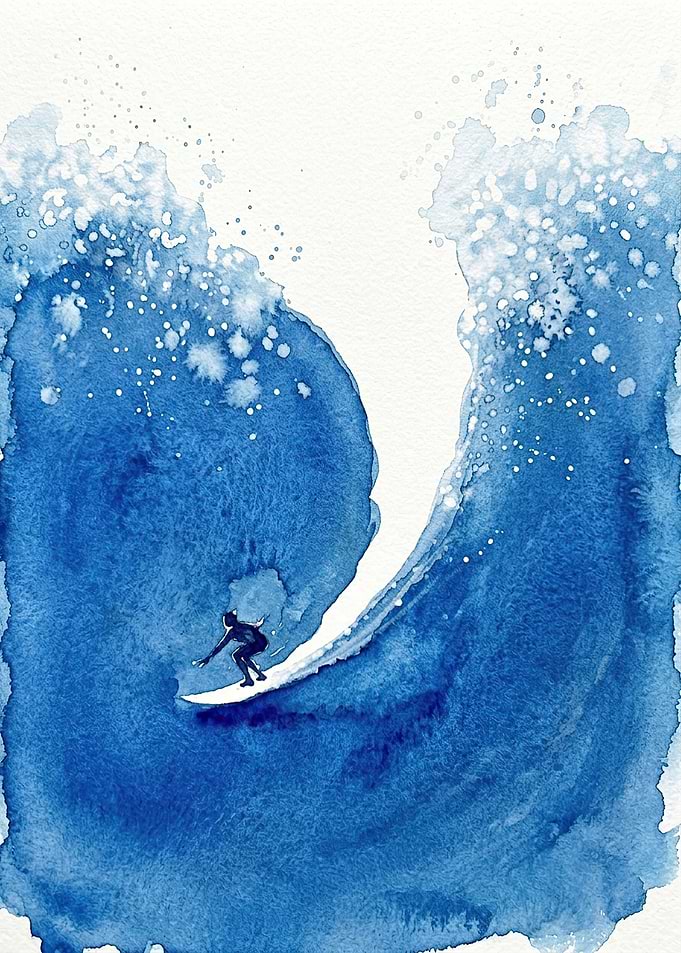 Watercolor Surfer Riding Blue Wave