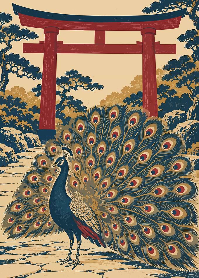 Peacock Before a Japanese Torii Gate