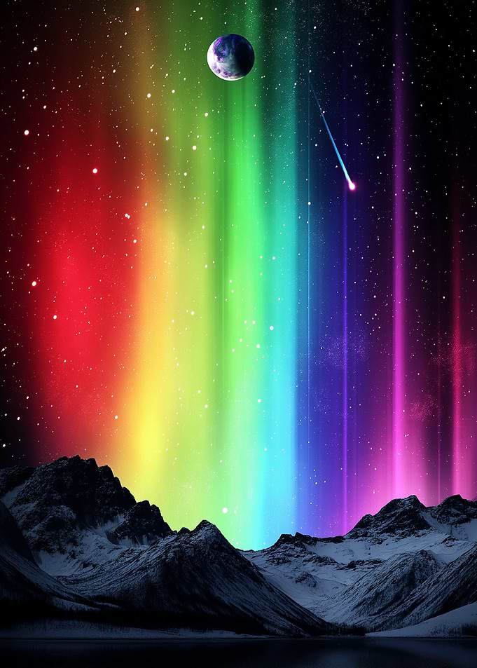 Rainbow Aurora Over Snowy Mountains