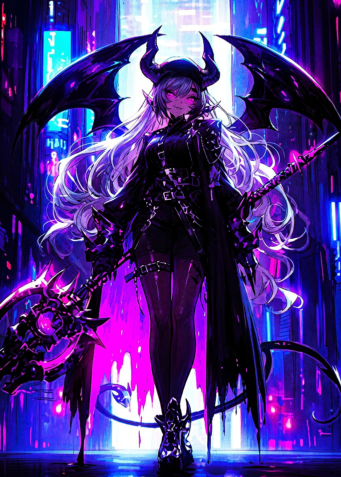 Cyberpunk Demon Girl with Glowing Scythe