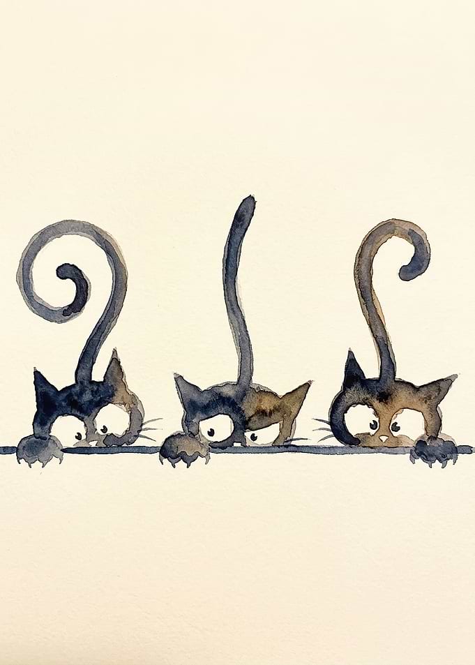 Three Curious Watercolor Cats