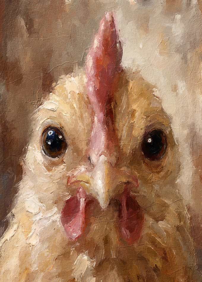 Close-up Oil Painting of a Chicken