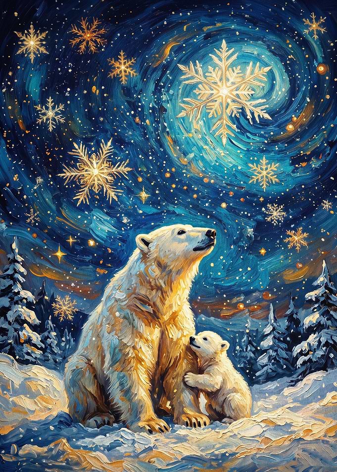 Polar Bear Snowflakes Oil Painting