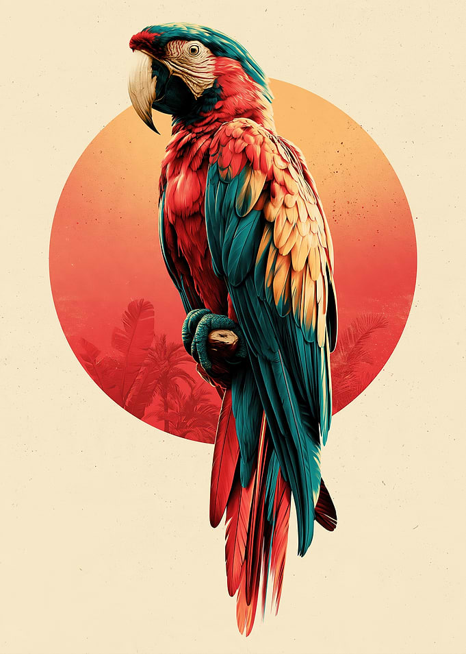 Vibrant Macaw Tropical Sunset Illustration