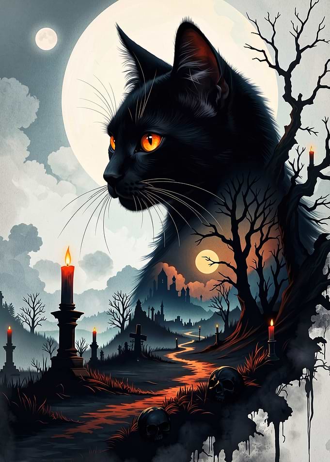 Mystical Black Cat Halloween Scene