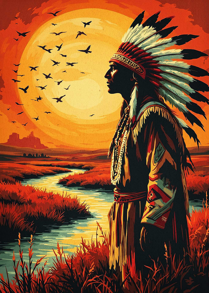 Native Chief Sunset Landscape Art