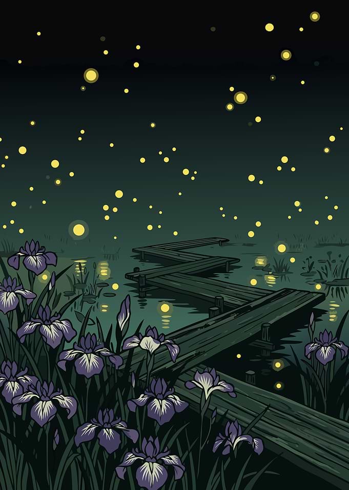 Fireflies Over Iris Pond at Night
