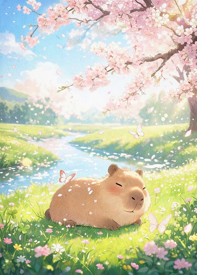 Capybara Spring Blossom Art Poster