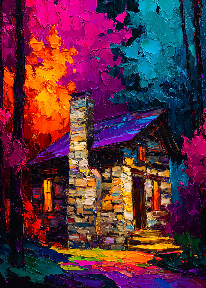 Colorful Stone Cabin Glowing in Impasto Forest