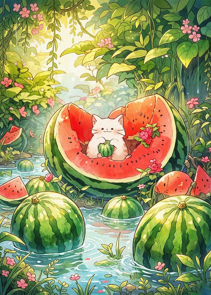 Cat Watermelon Jungle Anime Art