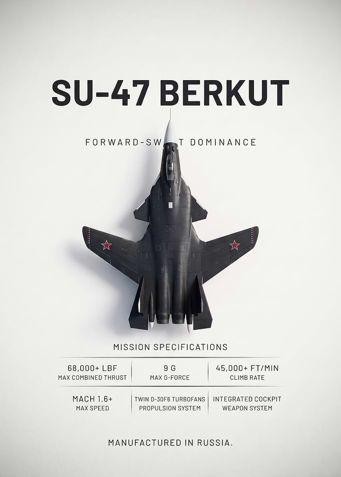 white background black sleek 47 Berkut Fighter Jet Poster
