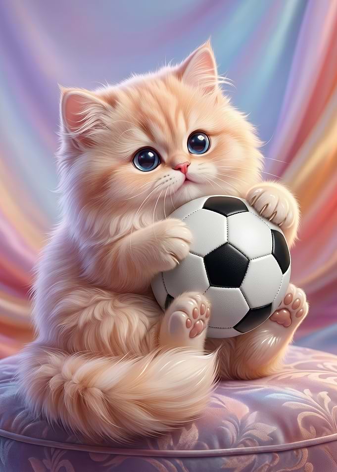 Cute Fluffy Kitten Holding Soccer Ball
