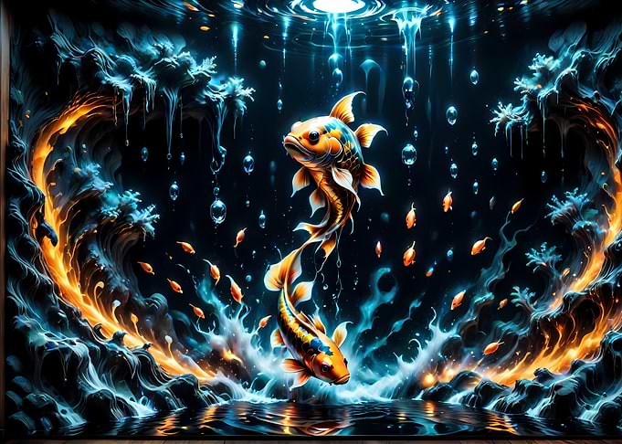 Golden Koi Fish in Glowing Water