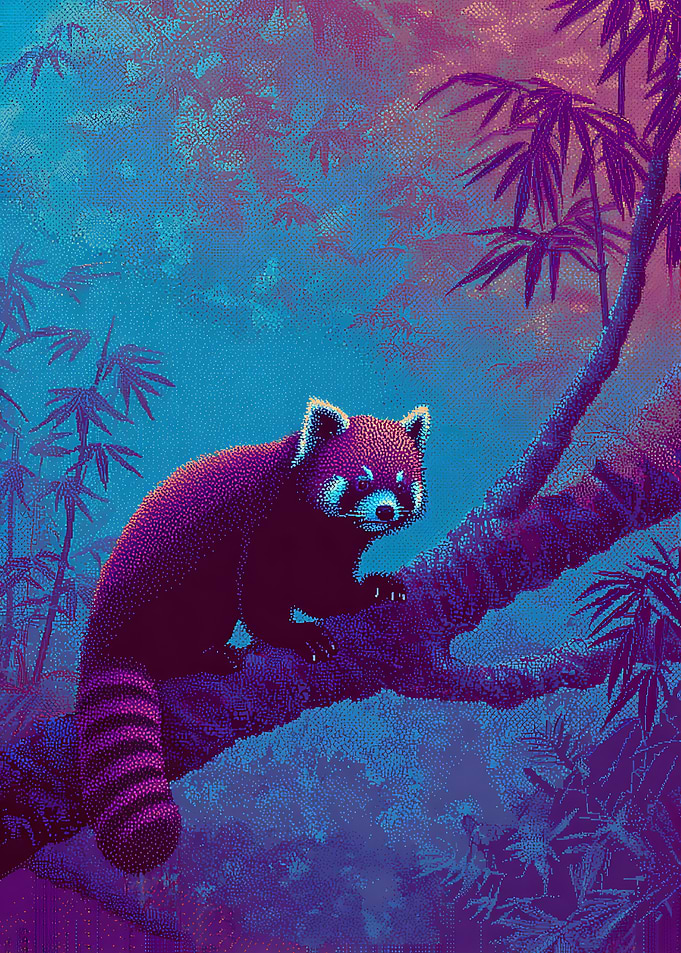 Red Panda in Neon Bamboo Forest