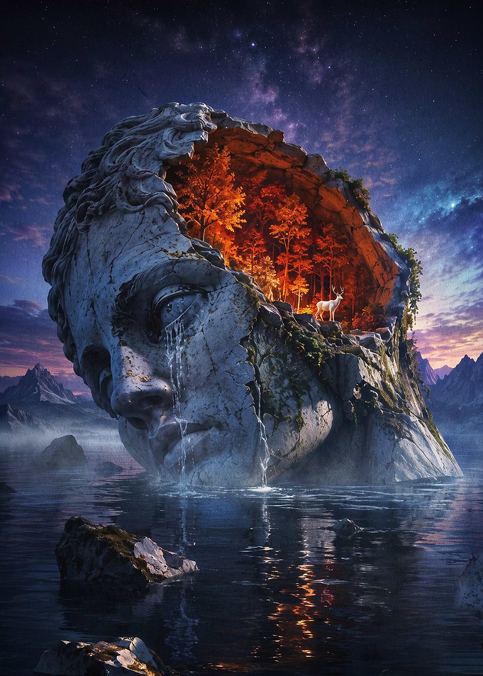 Surreal Statue Forest Cosmic Art