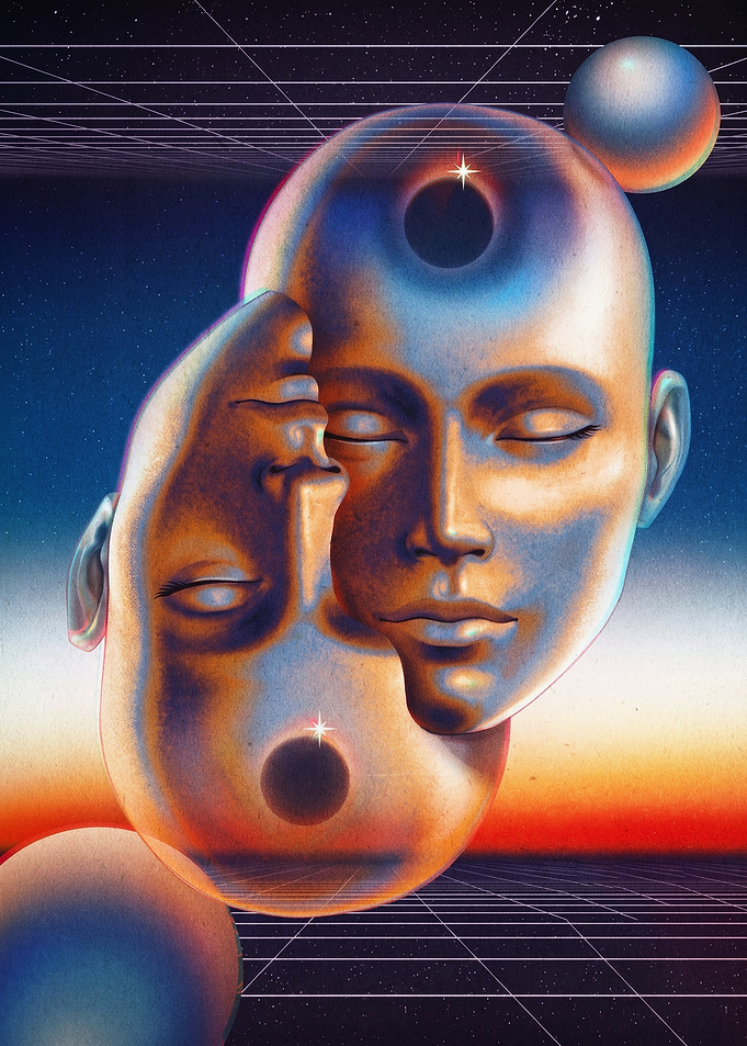 Cosmic Surreal Heads Retro Art