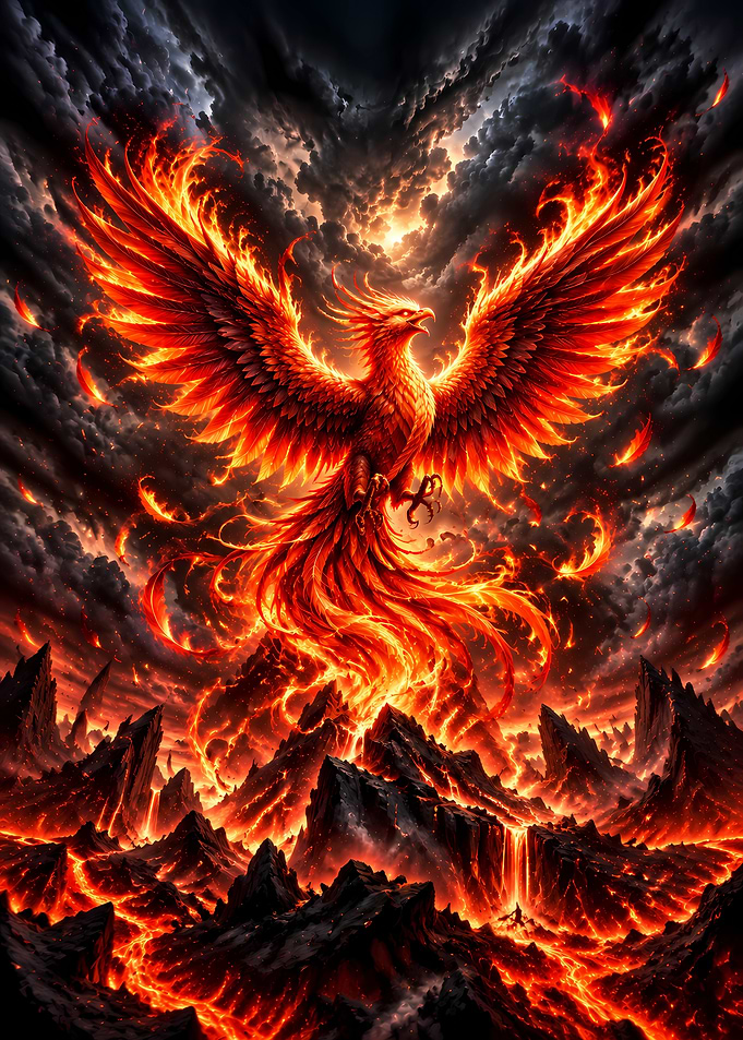 Majestic Phoenix Rising from Volcanic Landscape