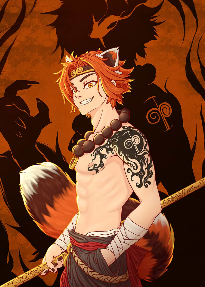 Red panda demi-human male Warrior with a golden Staff