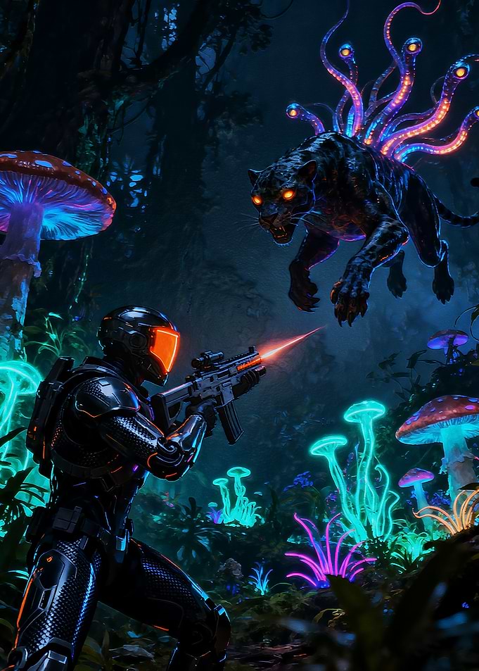 Futuristic Soldier Fighting Alien Panther