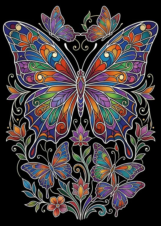 Stained Glass Butterfly and Floral Art