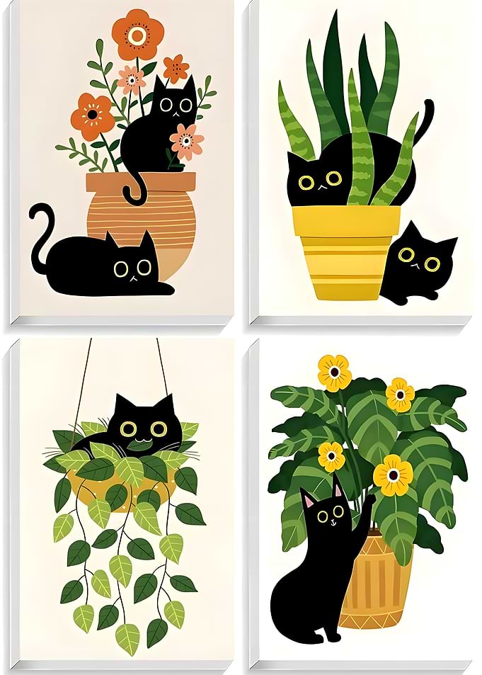Set of Four Cute Black Cat Prints