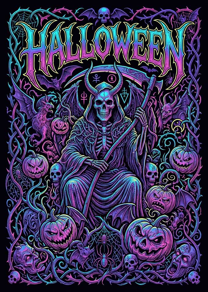 Neon Halloween Grim Reaper Illustration