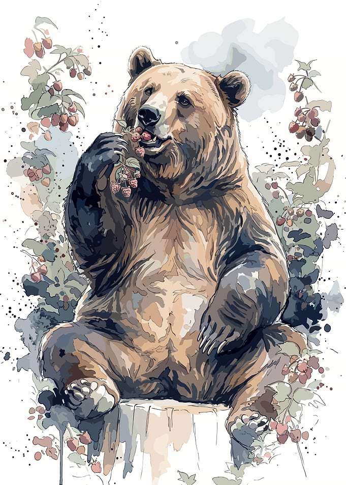 Watercolor Grizzly Bear Eating Berries